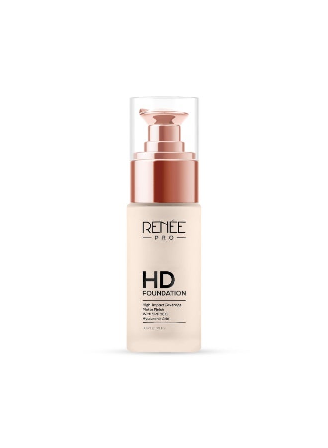 RENEE Pro Hd Foundation For All Skin Types - Pine,Seamless Hd Full Coverage With Matte Finish|Highly Blendable Formula With Spf30 |Enriched With Aloe,Coffee,Chamomile&Vitamin E Lotion,30 Ml - Image 1